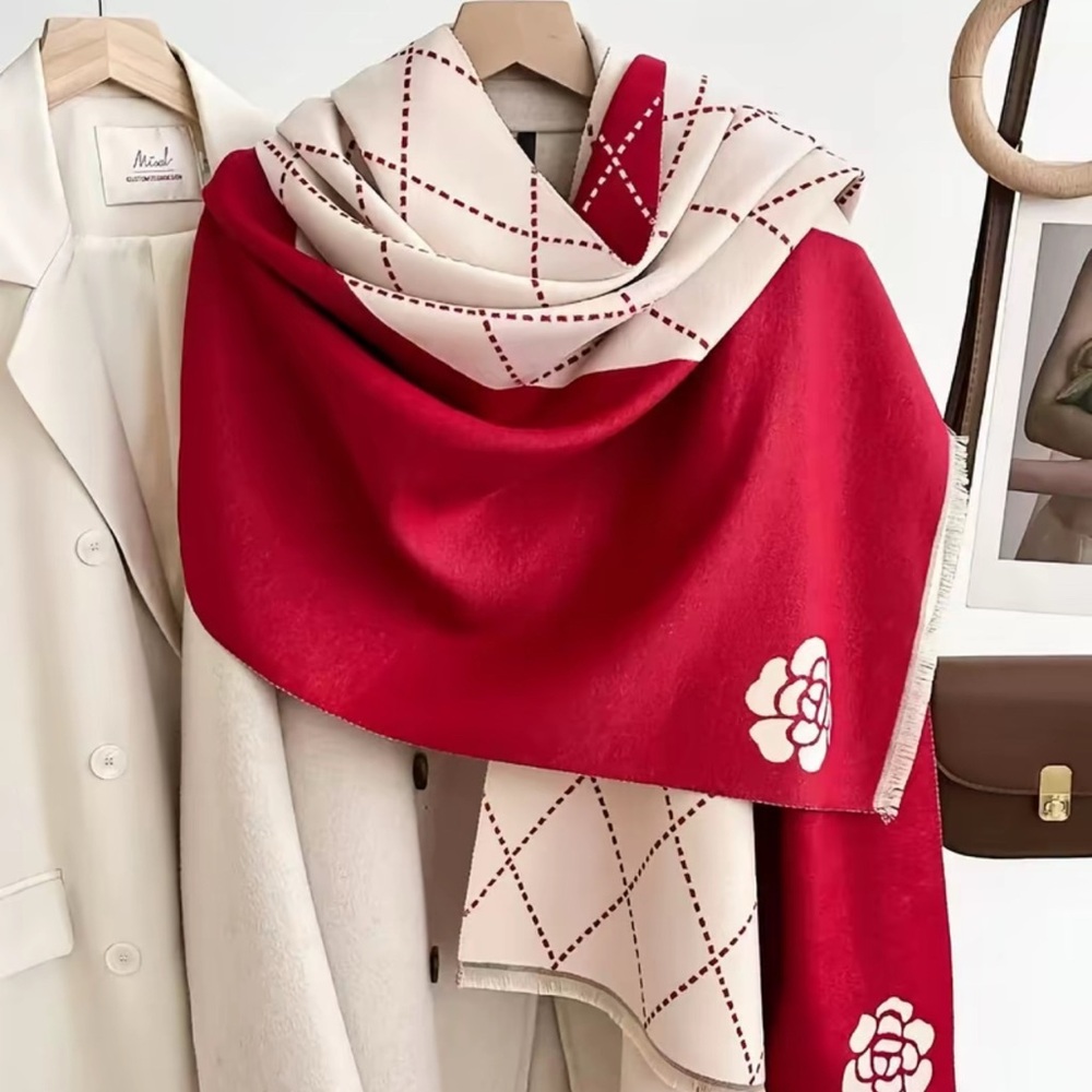 Elegant Red and Cream Floral Scarf